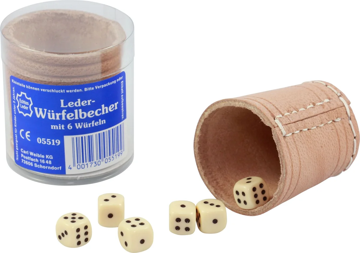Leder-Würfelbecher natur 5cm + 6 Würfel